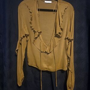 Zara Mustard Ruffle V-Neck Tie-Front Blouse